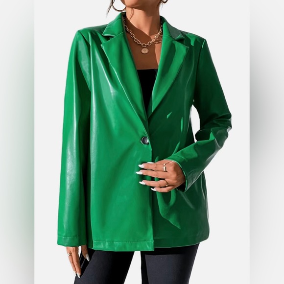 Solid Green V Neck Lapel Long Sleeve Button Blazer Jacket - Picture 5 of 5